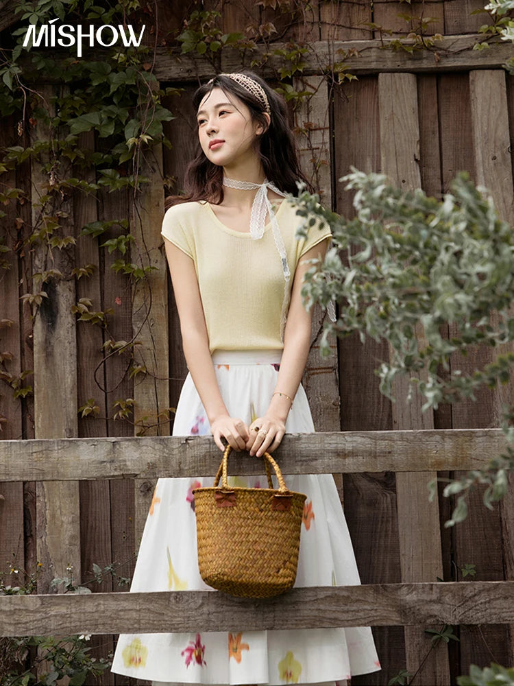 MISHOW White Background Flower Cotton Skirt High Waist A-LINE MXE32B0720