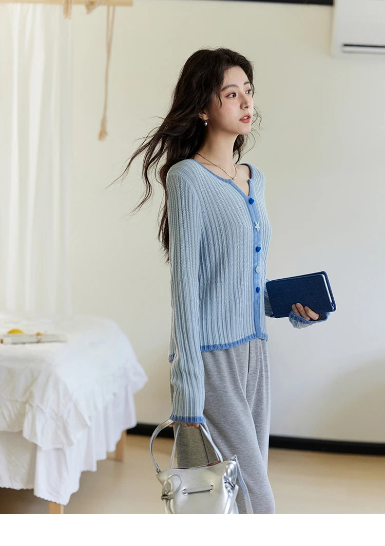Mishow Blue V-Neck Shell Button Wool Blend Sweater MXE14Z1184