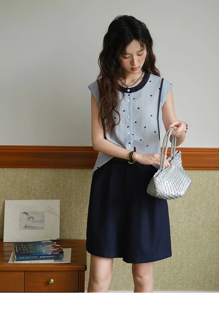Mishow Sleeveless Button Shirt & High Waist A-Line Shorts Set MXE37T0656