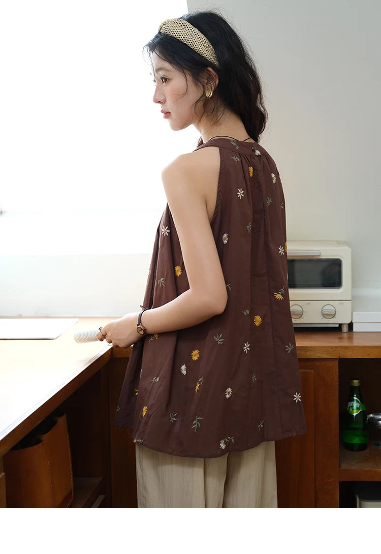 Mishow Embroidery Hanging Neck Sleeveless Top & Khaki Wide Leg Pants Set MXE39T0713