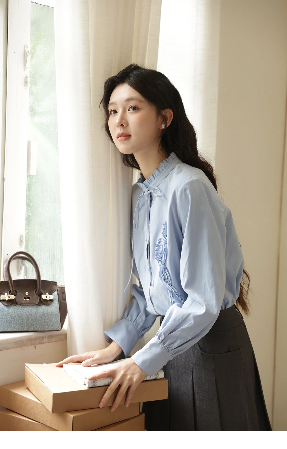 MISHOW Coiled Flowers Embroidered Blue Shirt MXE44C2398