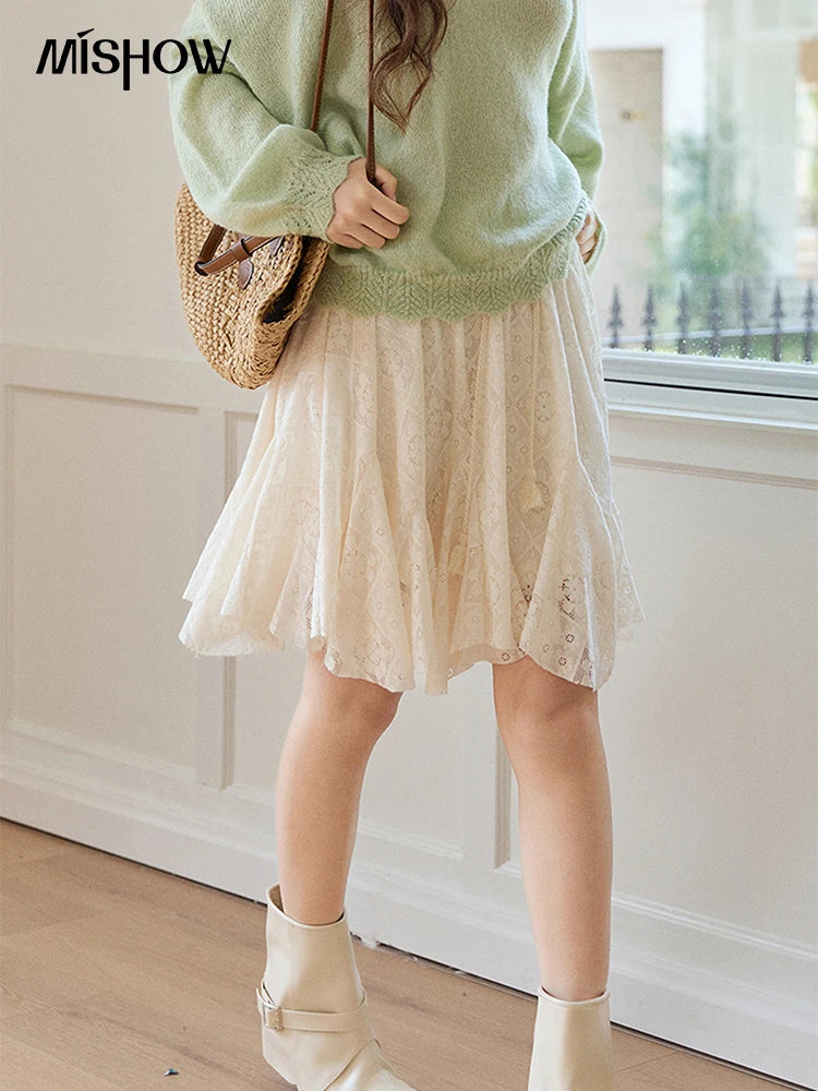 Mishow Beige Apricot Lace Tassel Midi Skirt MXF108B0768