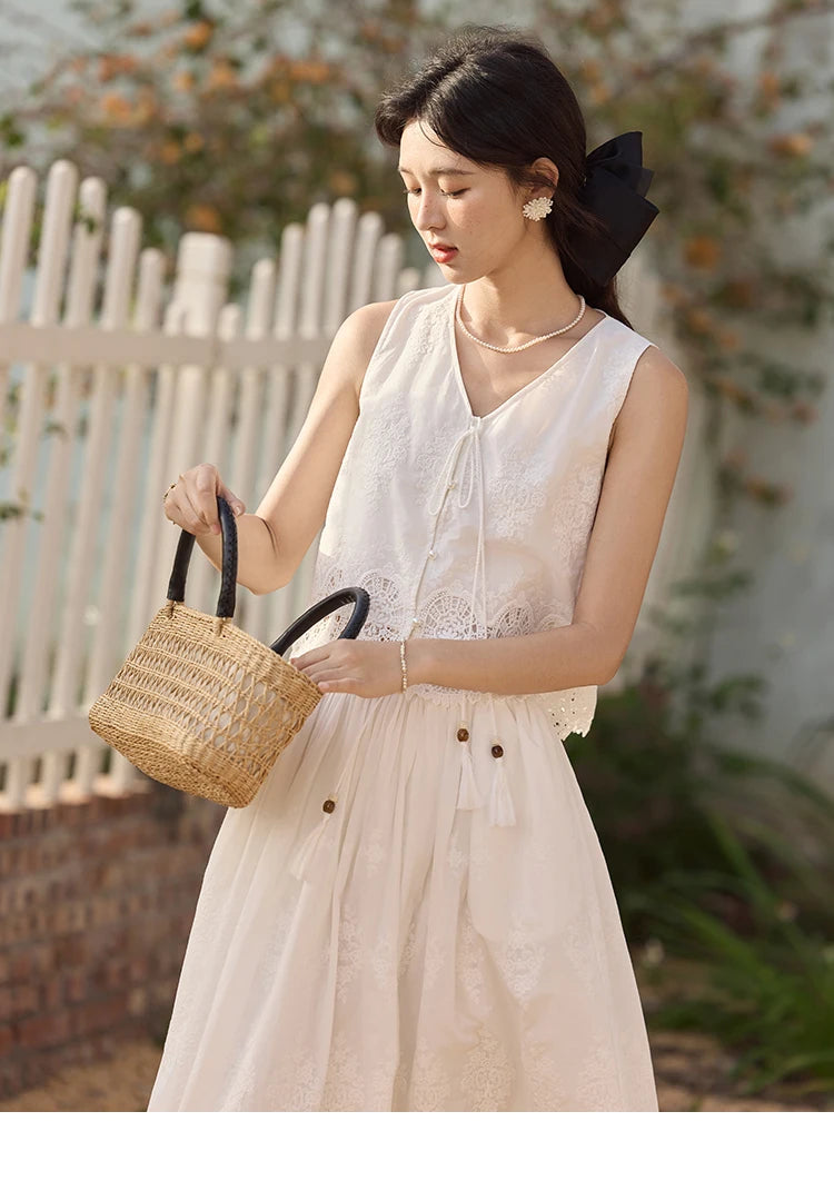 Mishow Embroidery V-Neck Lace Up Top & Elastic Waist Skirt Set MXE33T0593