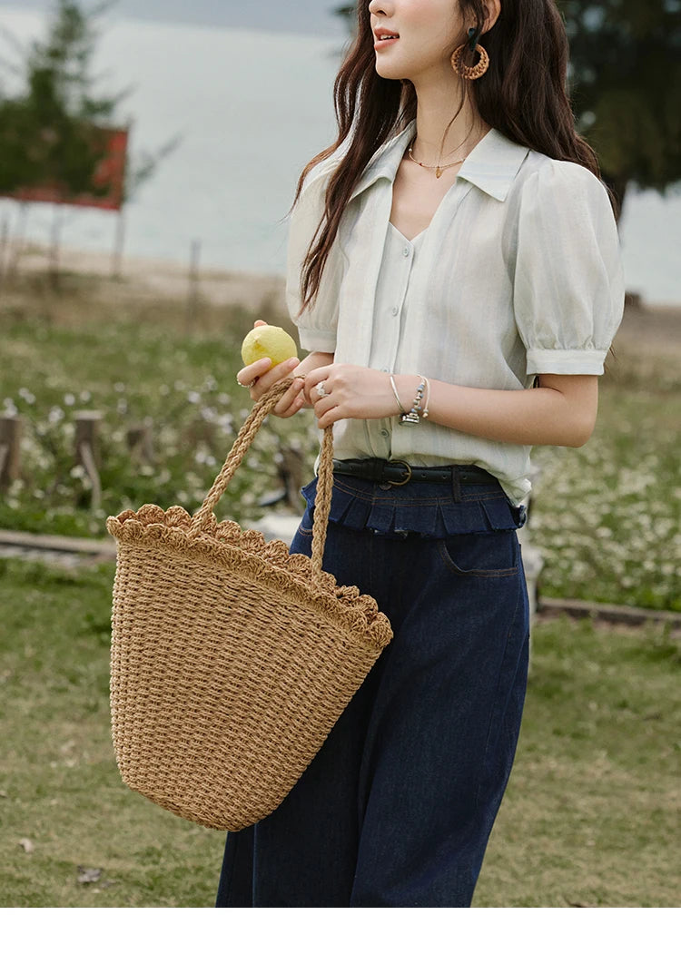 MISHOW Solid Short Sleeve Blouse Turn-Down Collar Slimming MXE33C0782