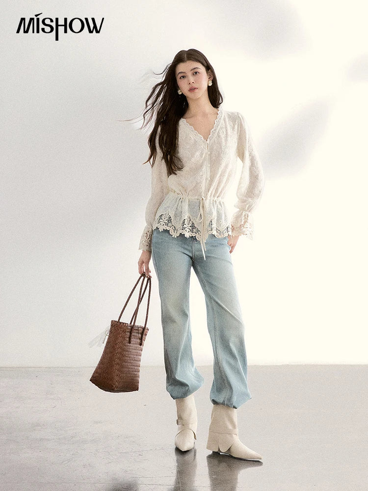 MISHOW Lace V-Neck Blouse Drawstring Waist Ruffled Hem MXF108X0998
