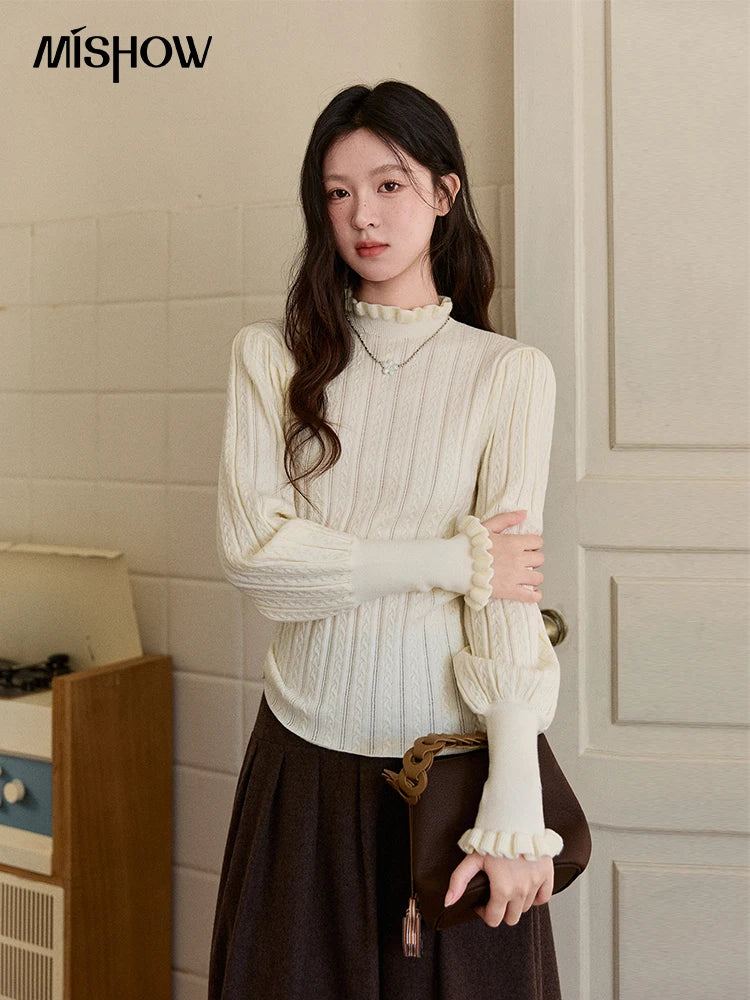 Mishow Half Turtleneck Ruffle Lantern Sleeve Top MXE93Z2810