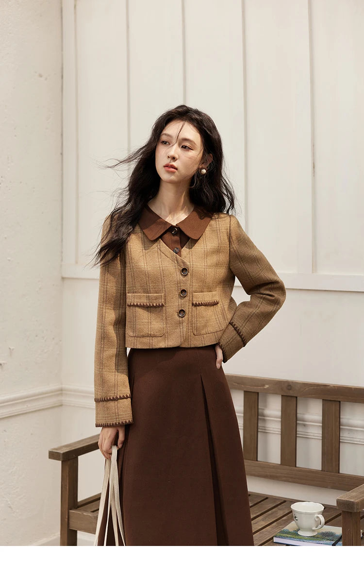 Mishow Plaid Tweed Jacket & Pleated Midi Skirt Set MXD46W0460