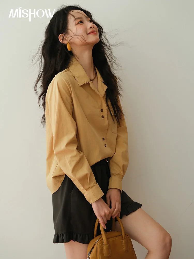 MISHOW Yellow Lapel Cotton Shirt Contrast Button Pocket MXE41C2356