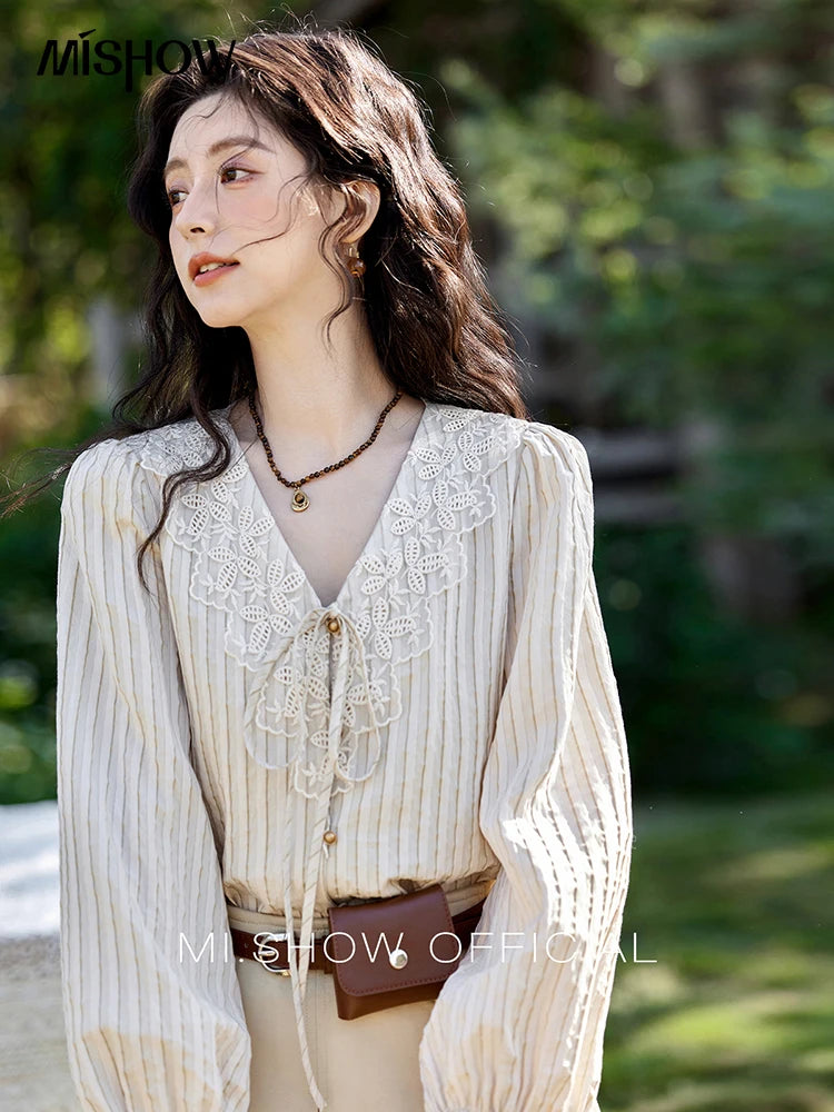 MISHOW French Retro V-Neck Shirt Lace Up Striped Embroidered MXE12X1715