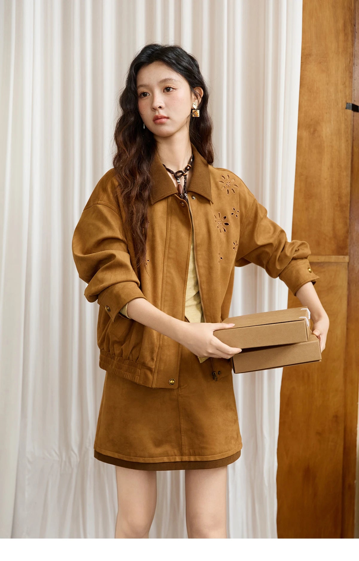 Mishow Retro Corduroy Cutout Jacket & Mini Skirt Set MXE47T0745