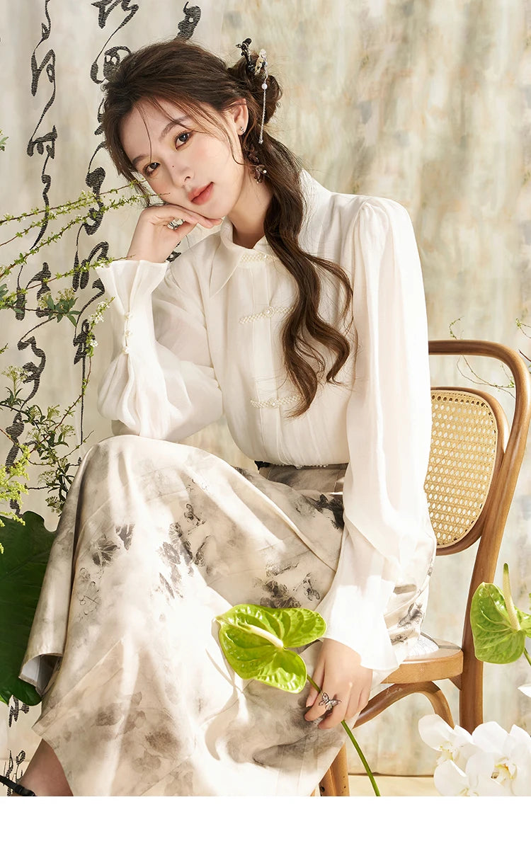 MISHOW Chinese Lapel Shirt Pearl Embellishments Petal Sleeve MXD11X1344