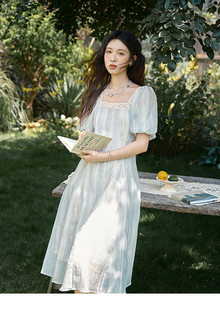 Mishow Striped Square Neck Lace Hollow Dress MXE39L2403