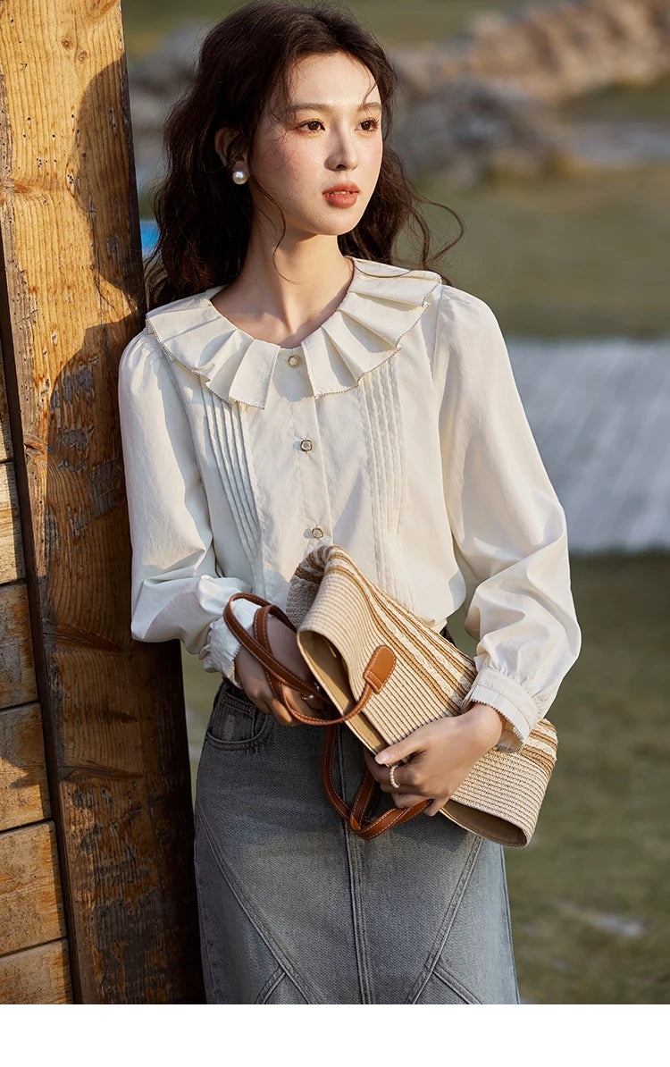 MISHOW Tucker Pleats Doll Neck Shirt Ruffled O Neck MXE12C0401