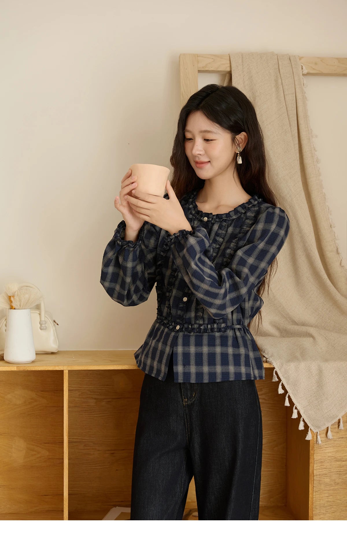 MISHOW Vintage Blue Plaid Shirt Round Neck Loose MXE45X2480