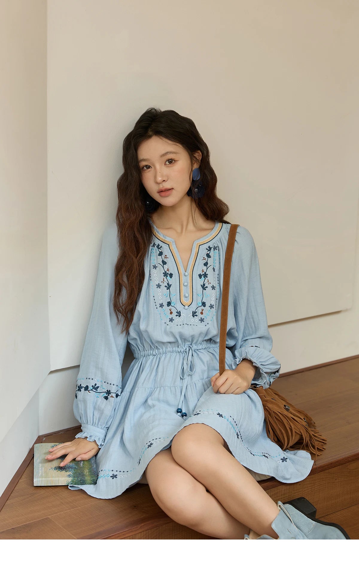 Mishow V-Neck Embroidered Drawstring Bohemian Dress MXE44L2489