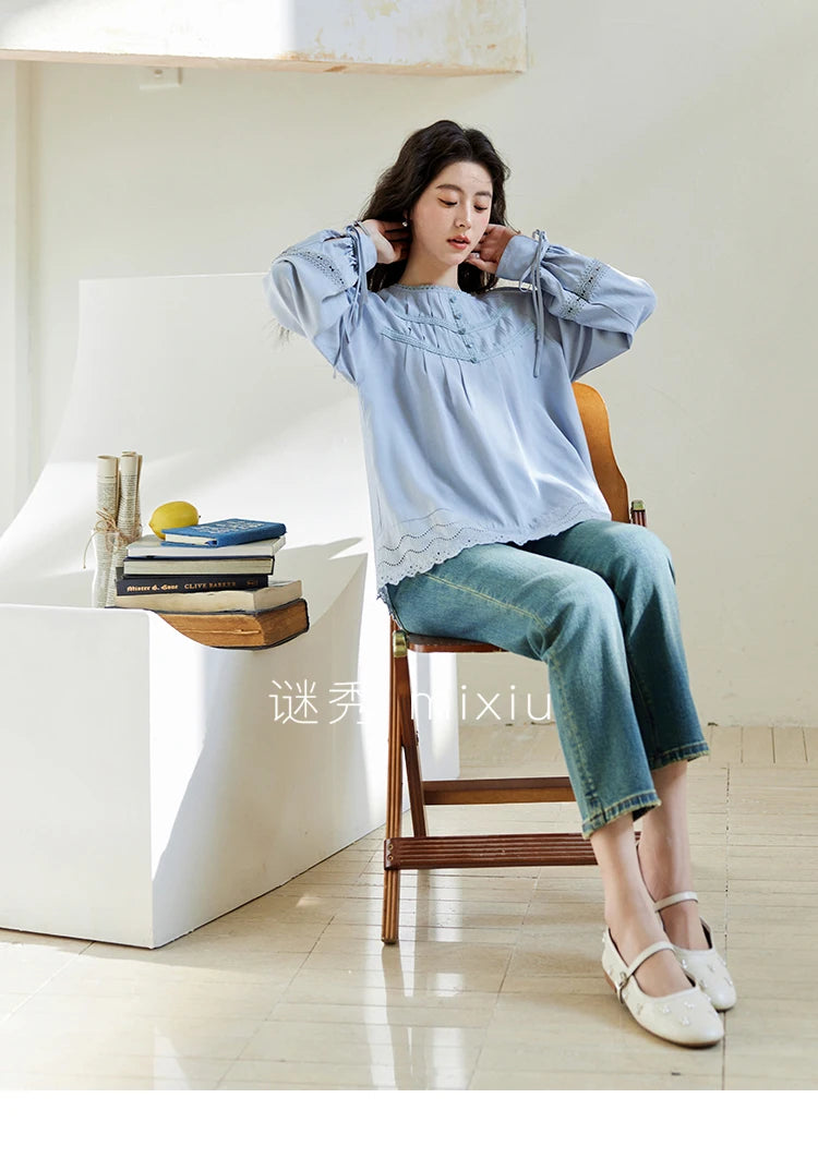 MISHOW Blue Lace Patchwork Shirt Wave Edge Lantern Sleeve MXE14X1716