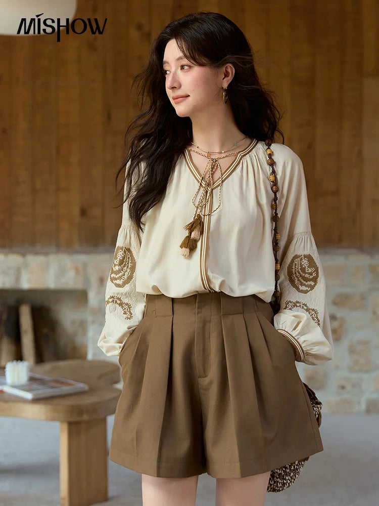Mishow Brown High Waist I-Shaped Pleated Hook Buckle Shorts MXE41K1022