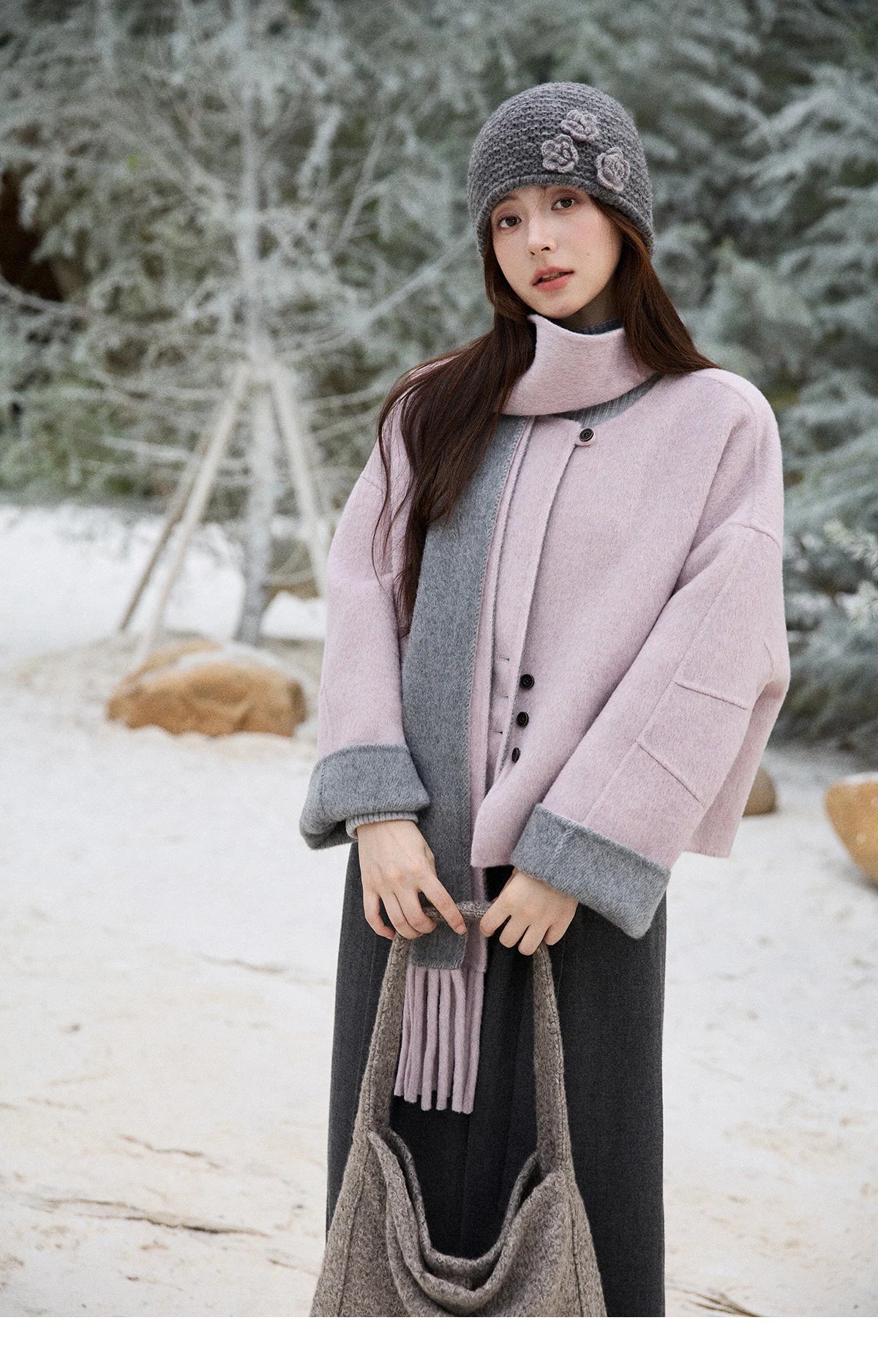 Mishow Tweed Wool Double-Faced Short Coat with Scarf MXE86W0977