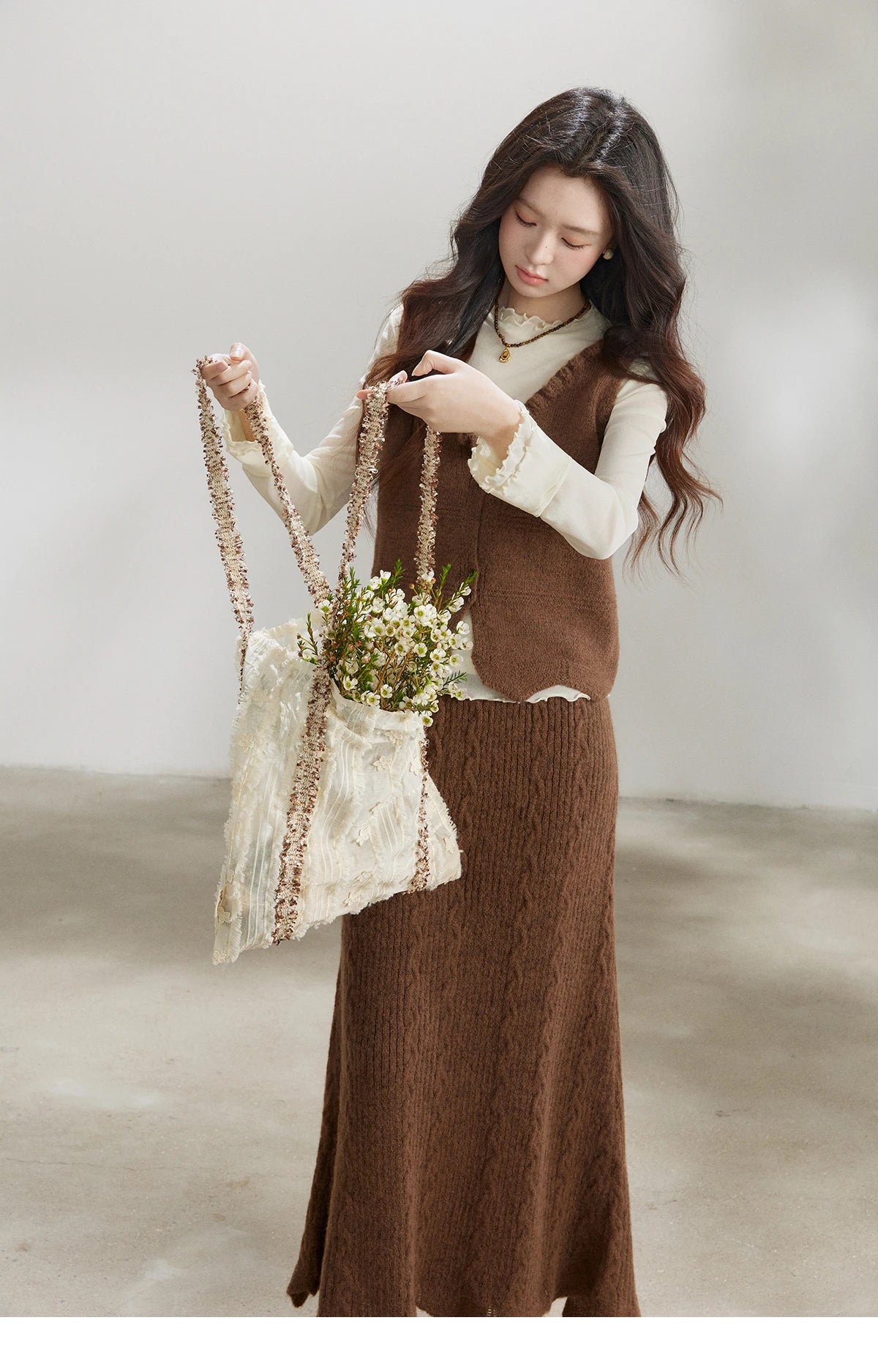 Mishow Brown Knitted Vest & Cable Knit Maxi Skirt Set MXF11T1460