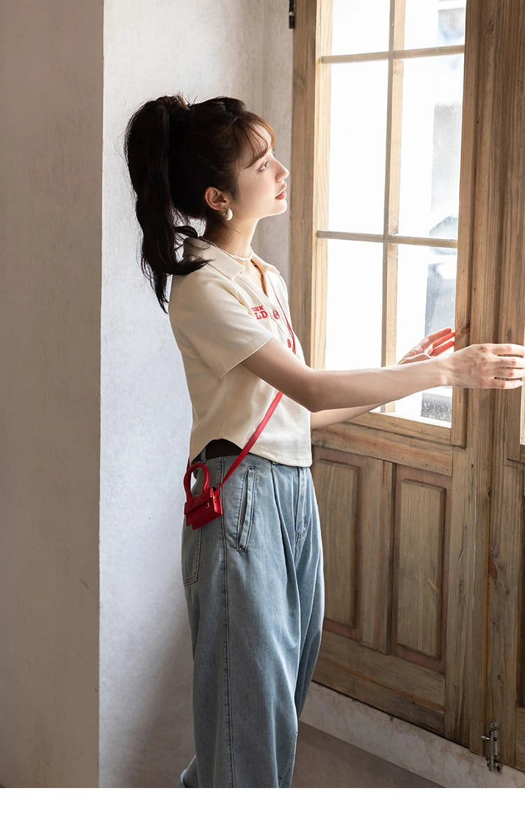 Mishow Korean Polo Collar Embroidery Letter Tee MXB32T0477