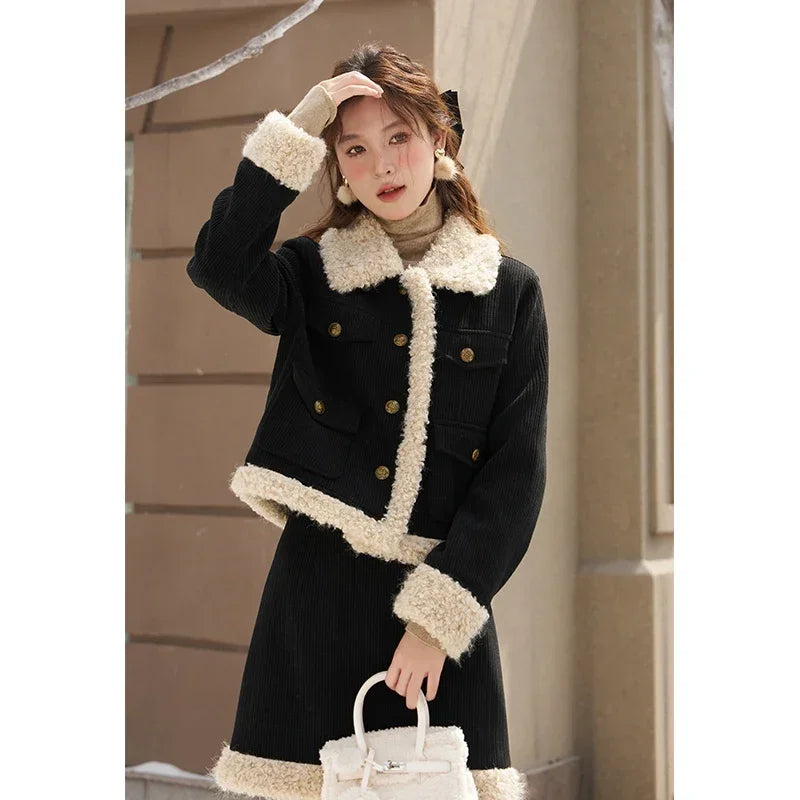 Mishow French Corduroy Patchwork Jacket & Mini Skirt Set MXC57W0180