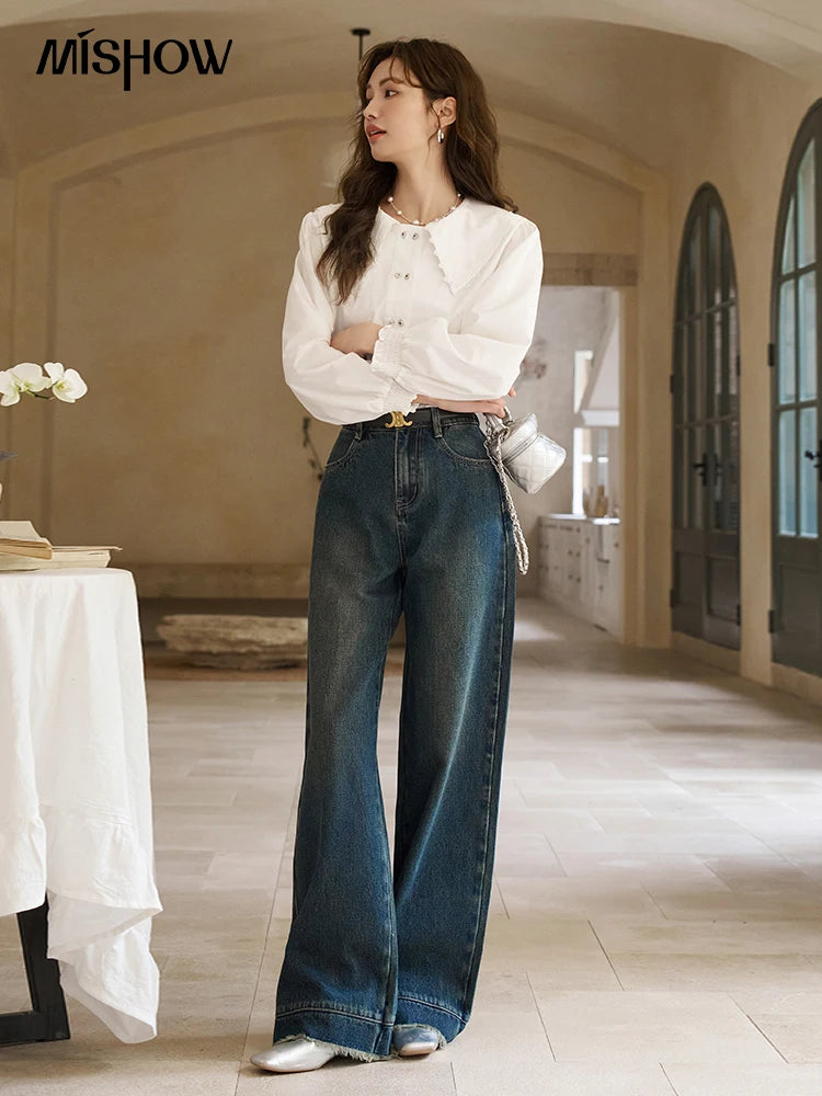 Mishow American Retro Wide Leg Jeans with Tassel Hem MXD12K0538