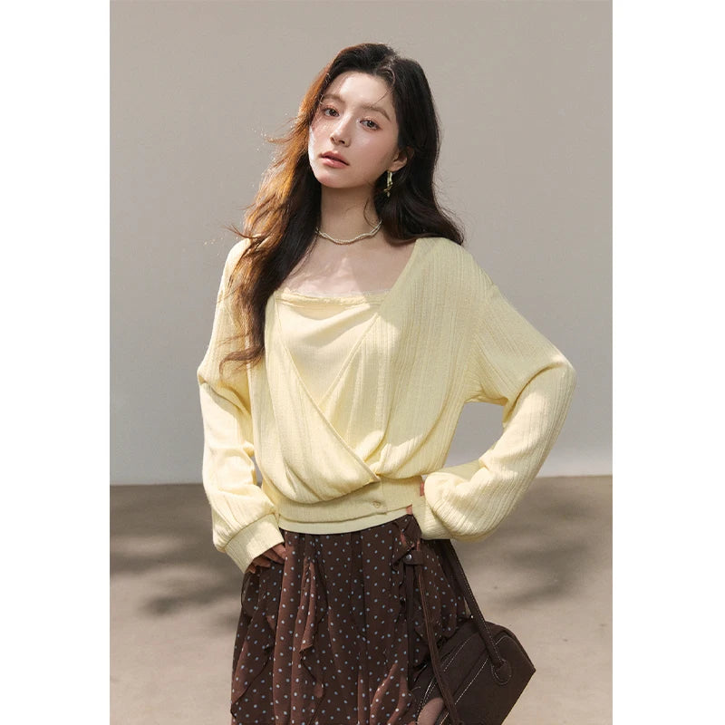 Mishow Lemon Yellow Lantern Sleeve Top & Lace Camisole Set MXF13T1513