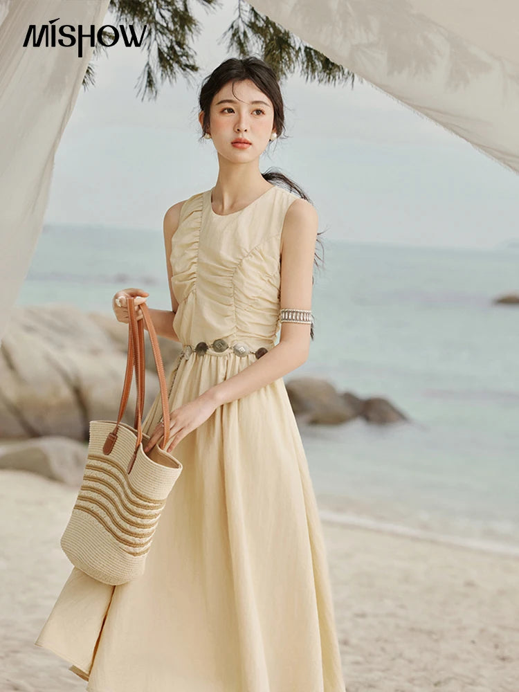 Mishow Solid Sleeveless Belted Office Dress MXE31L2188