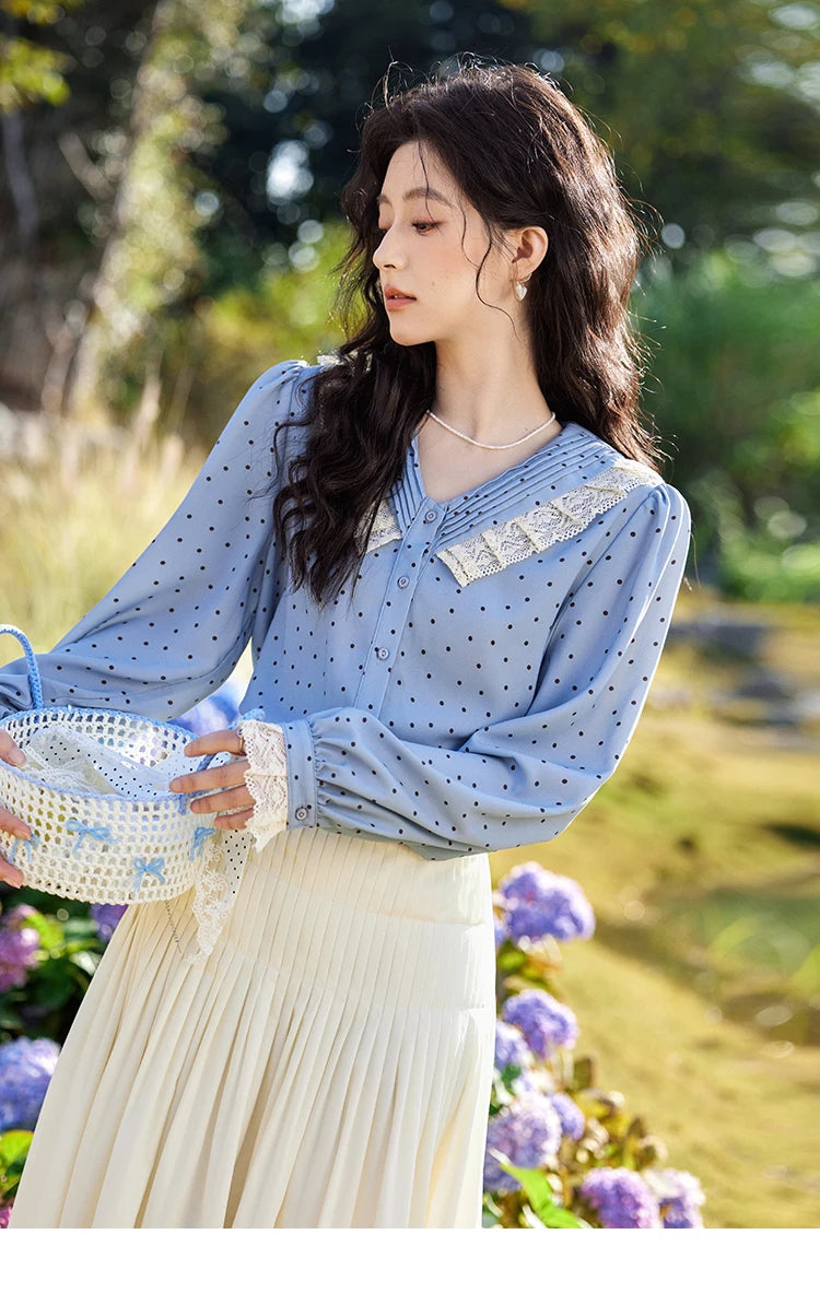 MISHOW Lace Patchwork Polka Dot Shirt V-Neck Hollow Out MXE12X1707