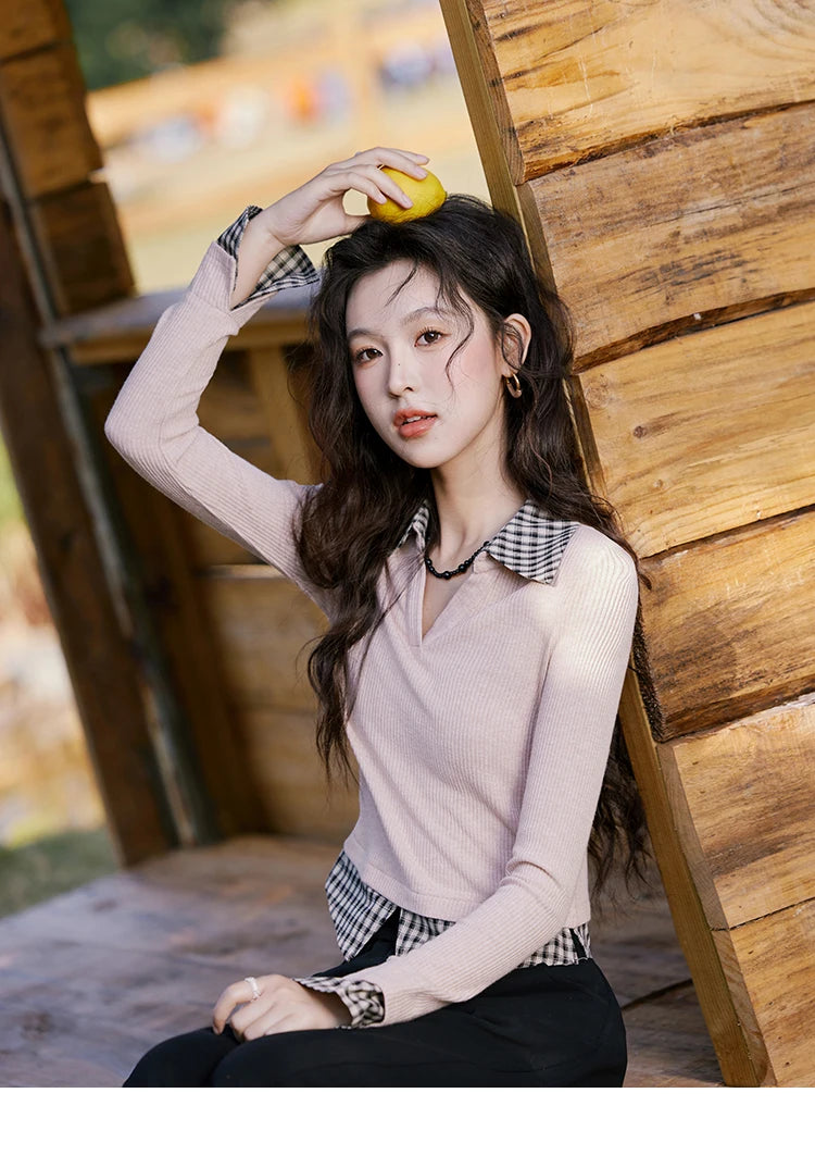 Mishow Plaid Splicing Fake Two-Piece Top MXE13Z1108