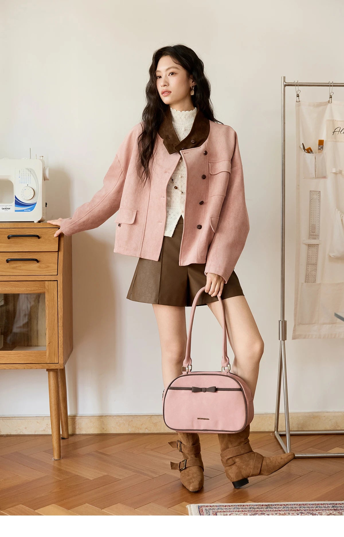 MISHOW Pink Coffee Suede Jacket Stand Collar Contrast Color MXE48W0851