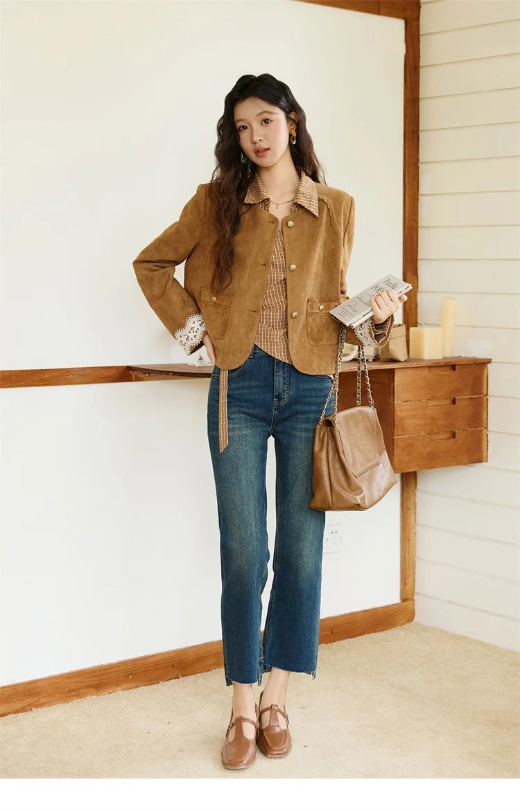 MISHOW Fragrant Suede Jacket Cuffs Hollowed Out Lace Metal Button MXE46W0839