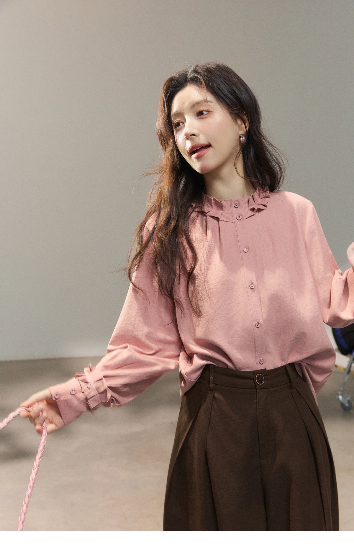 MISHOW Peach Skin Solid Shirt Ruffled Crew Neck MXF11C2431
