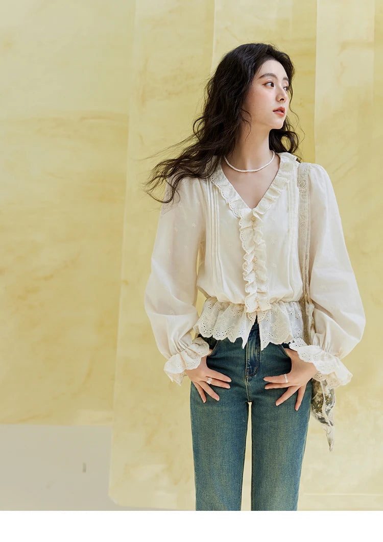 MISHOW V-Neck Long Sleeve Blouse Solid Loose Fold Detail MXE14X1732