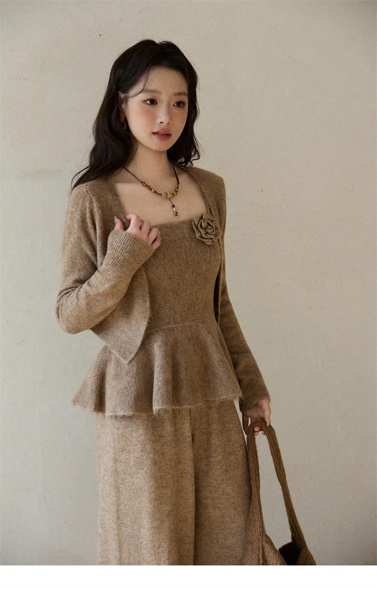 Mishow Khaki Knitted Three-Dimensional Floral Camisole Cardigan & Wide Leg Pants Three-Piece Set MXE87T1449