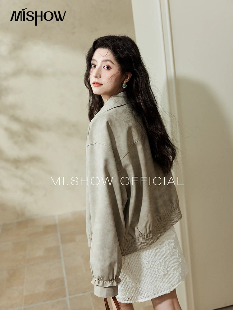MISHOW Minimalist Short Jacket Lapel Zipper Elastic Hem MXE13W0715
