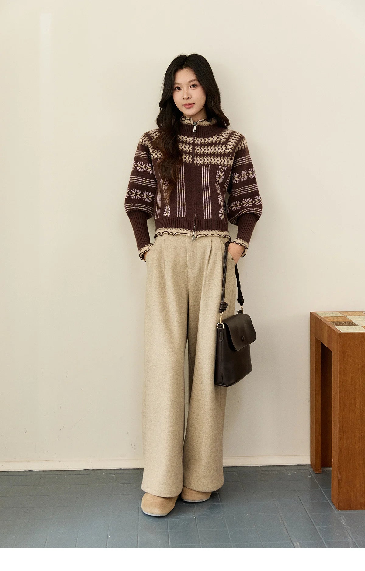 Mishow Brown Fair Isle Lantern Sleeve Zipper Top MXE91Z2868