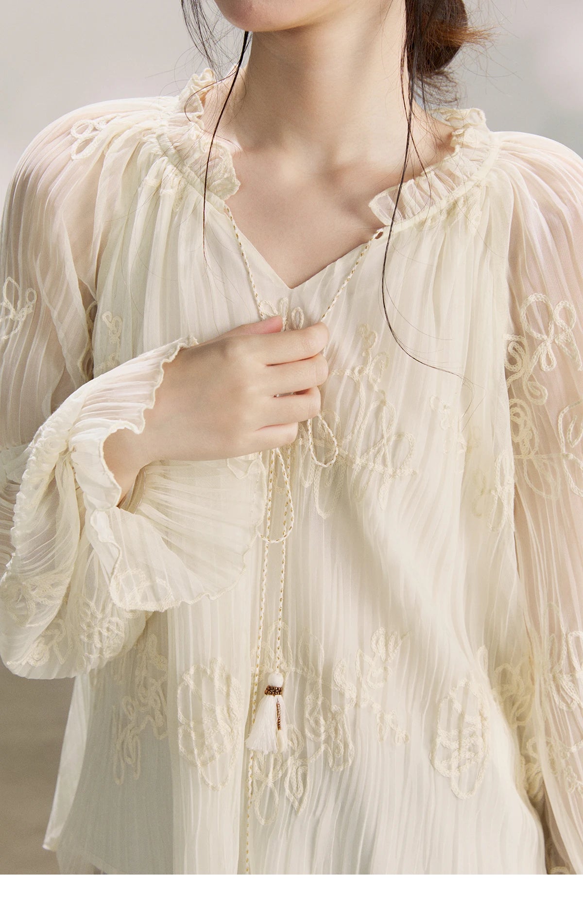 MISHOW Tassel Tie Flower Embroidered Blouse V-Neck Lantern Sleeve MXF13X2525
