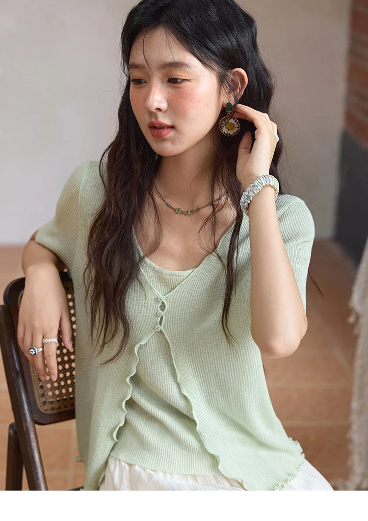 Mishow Mint Green Fake Two-Piece Short Sleeve Cardigan MXE36Z1286