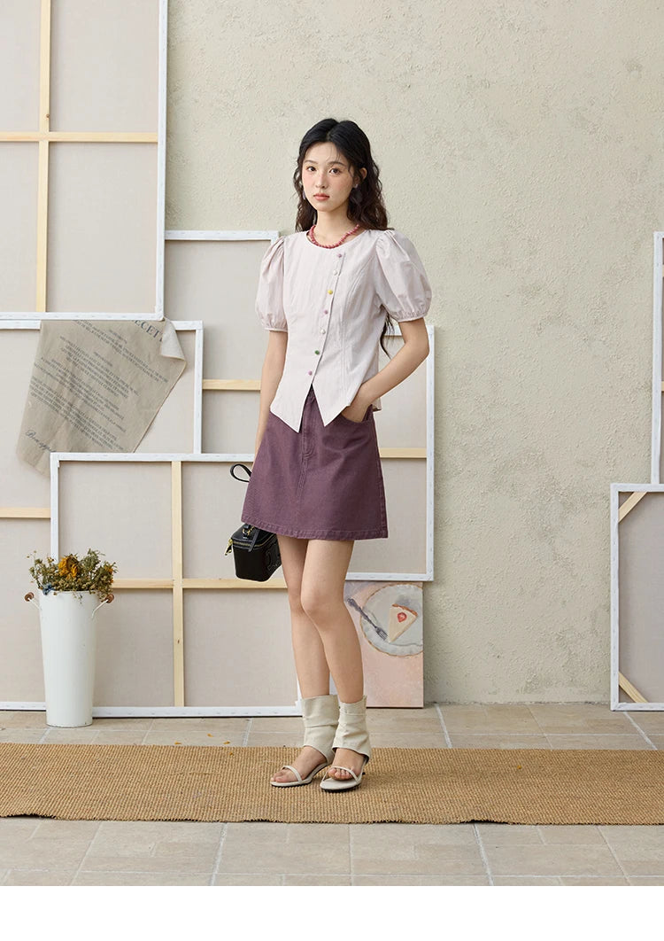 MISHOW Bubble Sleeve Blouse Irregular Placket Rainbow Buttons MXE34X1782