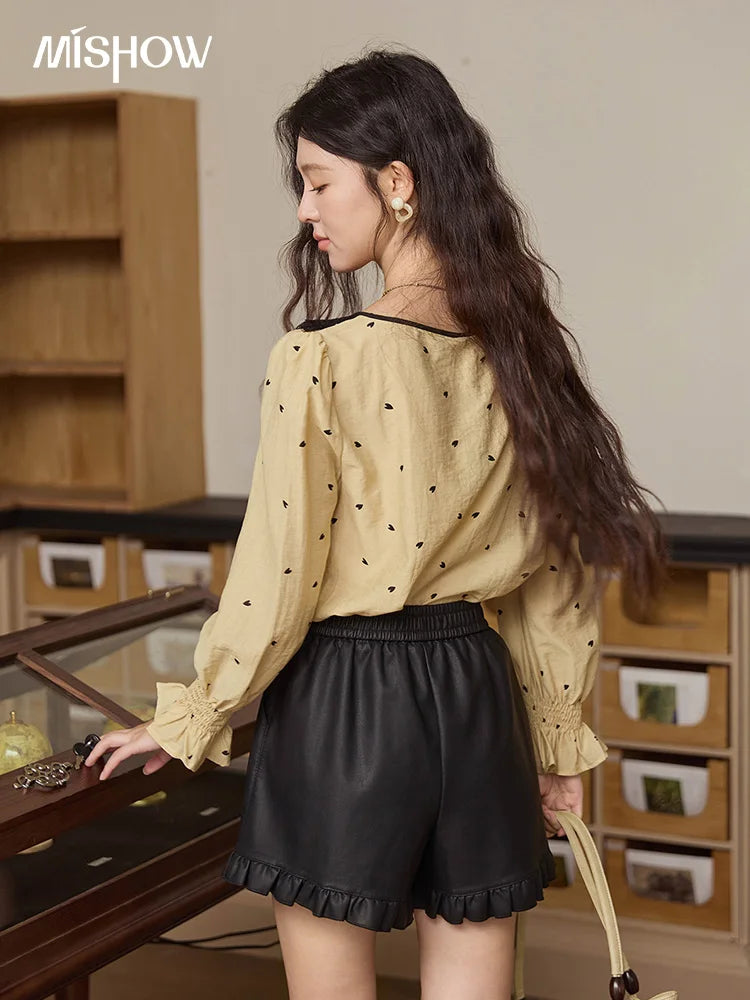 MISHOW Yellow Heart Print Shirt Lace Hollow Collar Bubble Sleeve MXE41X1949