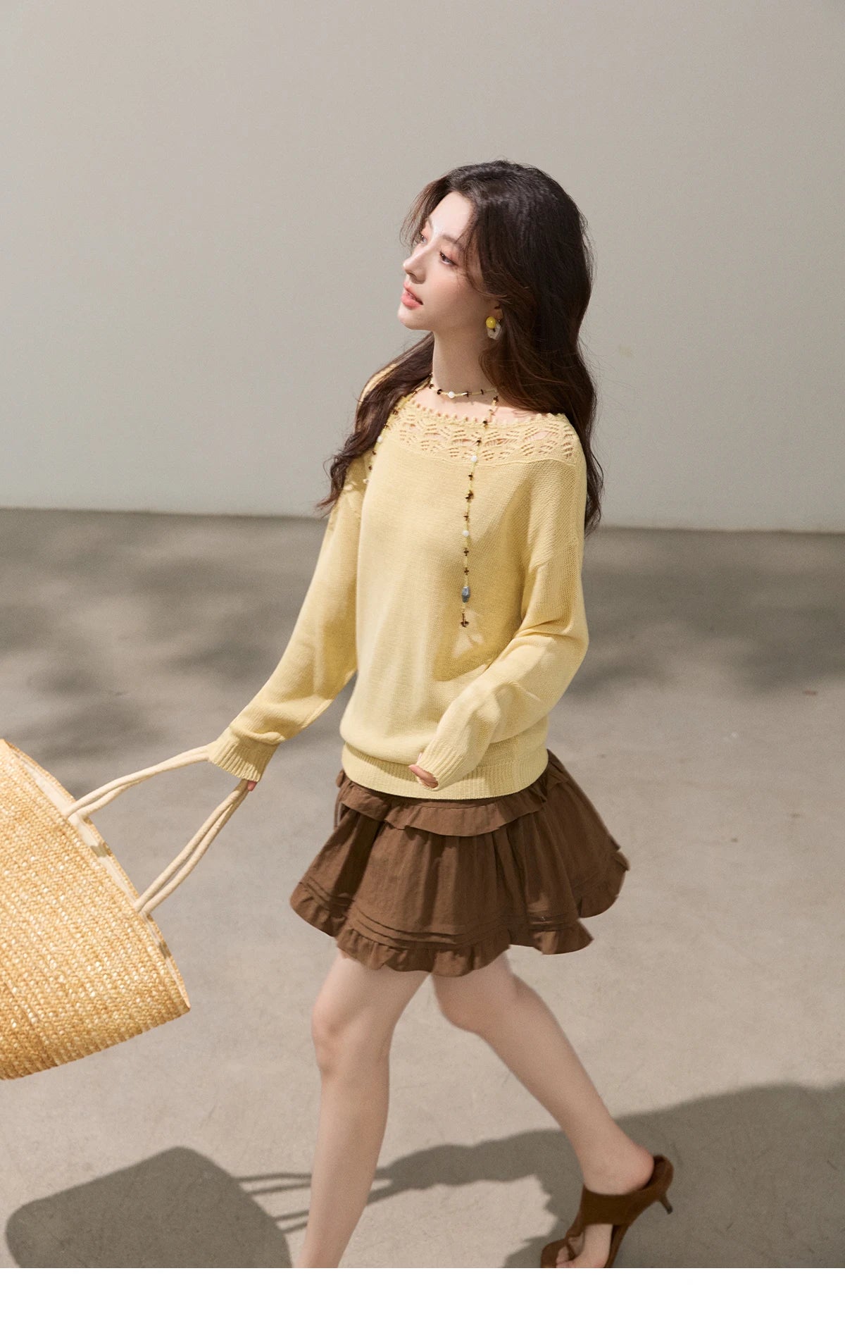Mishow Yellow Hollow Lace Trim Boat Neck Sweater MXF15Z3050