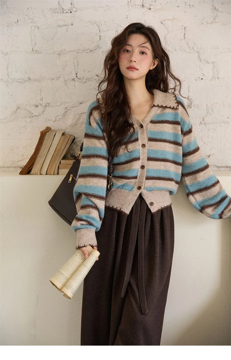 Mishow Retro Striped V-Neck Wool Cardigan MXE87Z2681