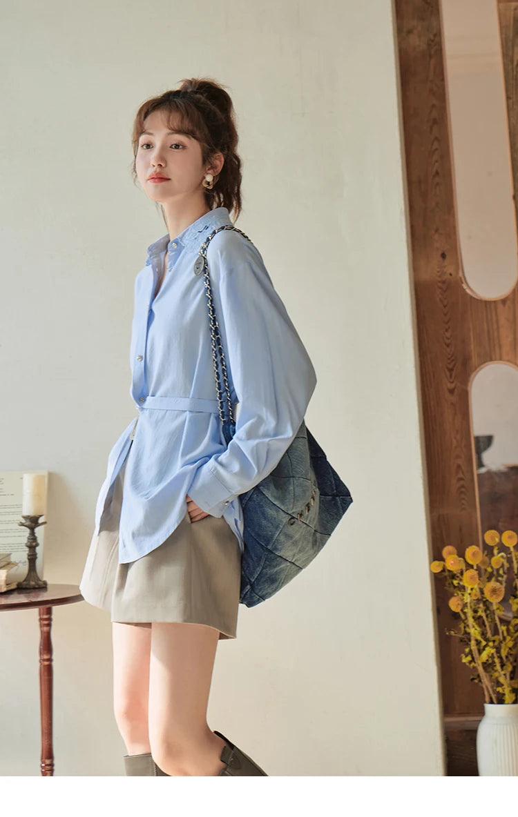 MISHOW Casual Loose Shirt Embroidery Hollowed Out Turn-Down Collar MXC41C0077