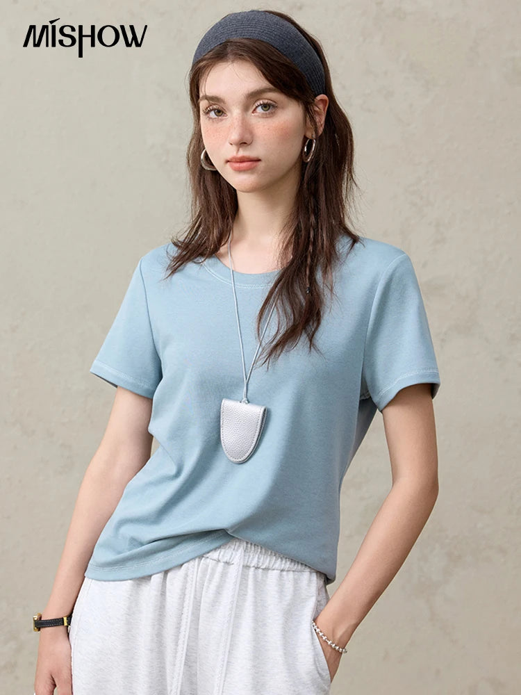 Mishow Solid Straight Shoulder Lace Trim Tee MXE31T0532