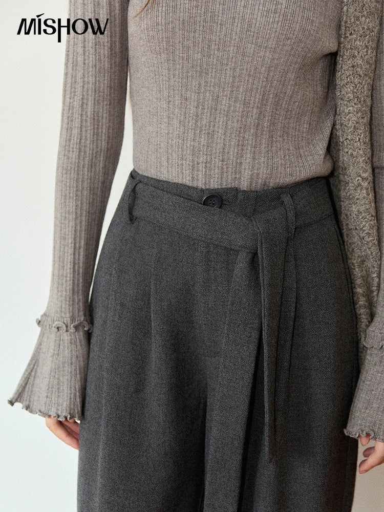 MISHOW Retro Gray Wide-Leg Pants Elastic Waist Warm MXE89K1099