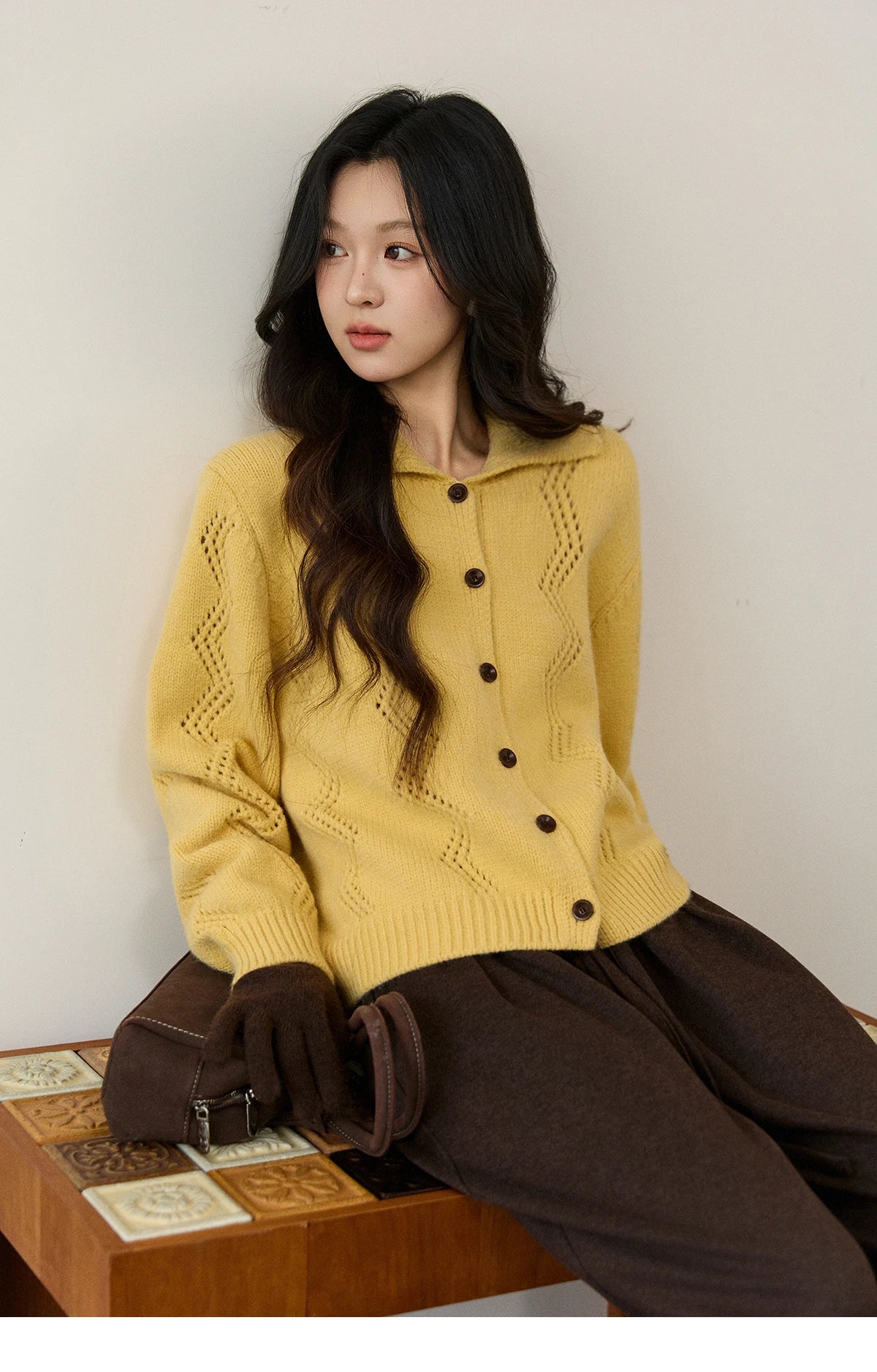 Mishow Yellow Hollow Pattern Lapel Cardigan MXE94Z2961