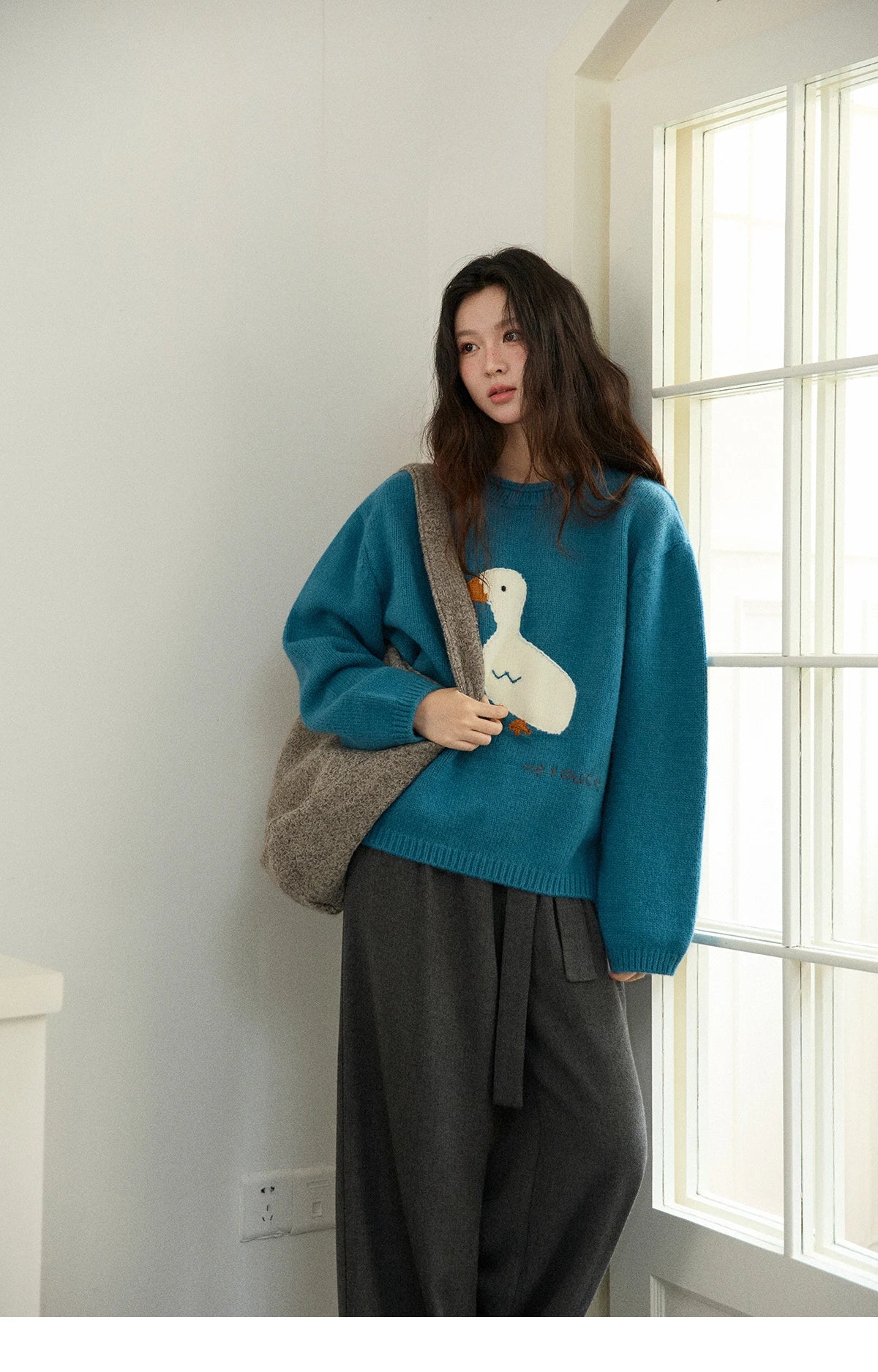Mishow Peacock Blue Jacquard Loose Sweater MXE86Z2751