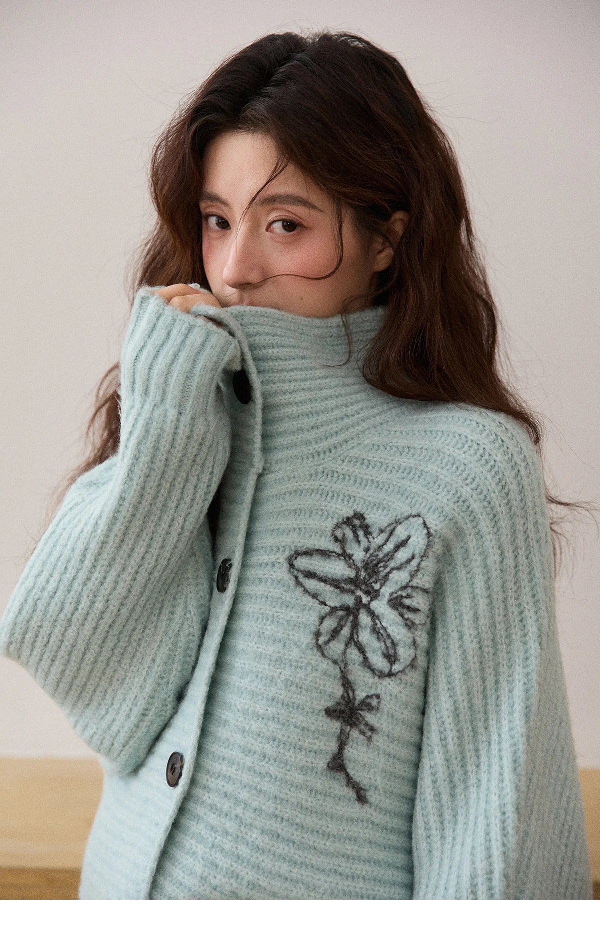 Mishow Blue Stand Collar Flower Jacquard Cardigan MXE86Z2665