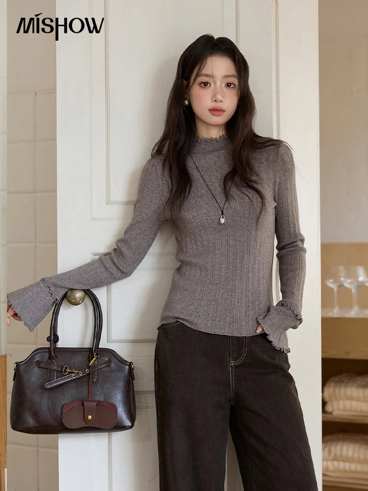 Mishow Turtleneck Wood Ear Trumpet Sleeve Top MXE51Z2552